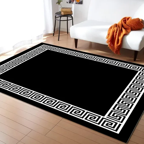 Alfombra retro negra y blanca, alfombra geométrica simple antideslizante para interiores, para sala de estar, dormitorio, cocina, comedor, oficina