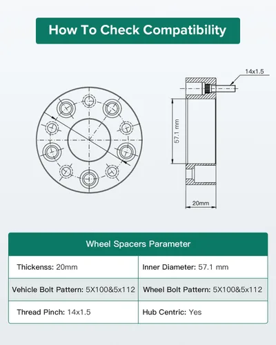 Miniatura 2 de 2 espaciadores de rueda de 0.787 in 5X100 y 5x112 a 5X100 y 5x112 con paso de rosca, diámetro de orificio de 0.551 x 0.059 in, compatible