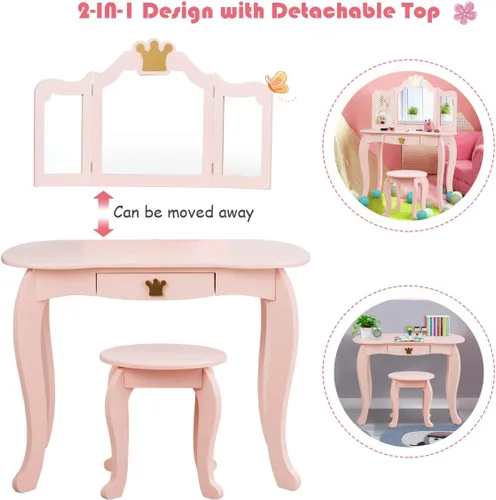 Miniatura 4 de Costzon Juego de Mesa y Silla de Tocador para Niños, Mesa de Maquillaje Princesa con Cajón y Espejo de Tres Pliegues, Juego de Tocador 2 en 1