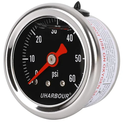 Manómetro lleno de glicerina con caja de acero inoxidable 304, esfera negra de 1-1/2 pulgadas, 0-60 Psi, alta precisión, montaje trasero central NPT