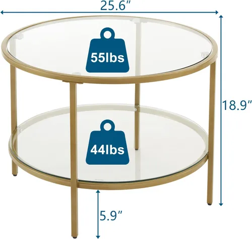Miniatura 2 de VINGLI Mesa de Centro de Cristal, Mesa de Centro Redonda de 25.6" Dorado Champán para Sala de Estar, Mesa de Centro de Cristal de 2 Niveles con Oro