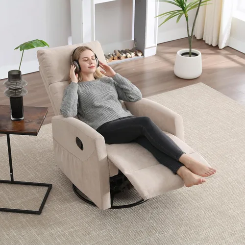 Miniatura 2 de PELUMY Silla reclinable manual, giratoria de 360° y sillón reclinable balancín con reclinable de 155°, sillón reclinable de tela compacta para Beige