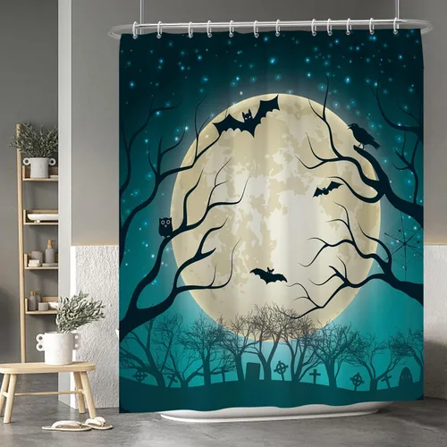 Miniatura 69 de Cortina de ducha de fantasma y gato negro para niños, 36 x 72 pulgadas, espeluznante y bonita, cortina de baño de Halloween con 6 ganchos, cortina
