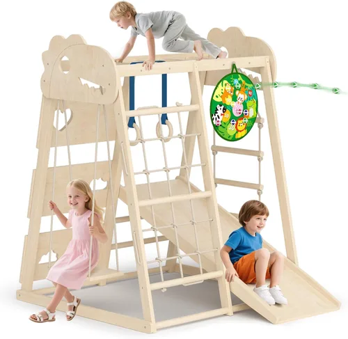 Zona de juegos interior 8 en 1, gimnasio interior de la selva para niños, juguetes de escalada Montessori de madera con anillos, tobogán, escalera