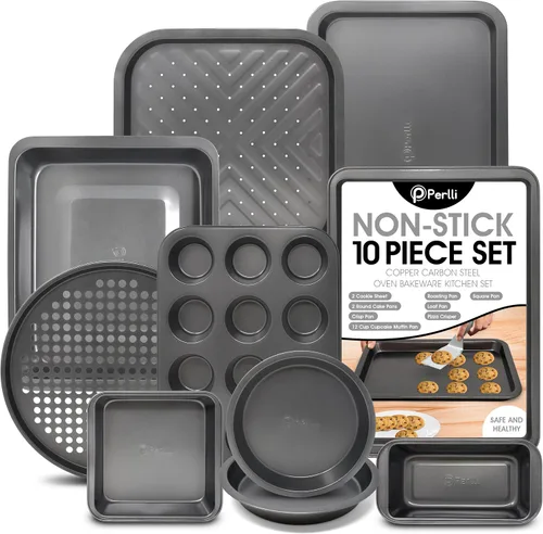 Perlli Juego de 10 moldes para hornear antiadherentes de acero al carbono, gris para horno, 2 hojas de galletas, 2 moldes redondos para pasteles,