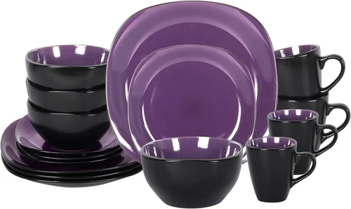 Miniatura 16 de juego de vajilla de cerámica de 16 piezas en forma cuadrada, interior rosa brillante + exterior negro mate