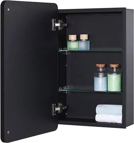 Miniatura 4 de IDYLLOR Gabinete de espejo de baño negro para medicinas con puerta con esquinas redondas y borde biselado, 15 x 25 pulgadas, montaje empotrado