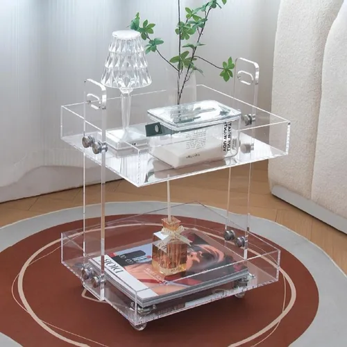 Miniatura 6 de Gdrasuya10 Mesa auxiliar de acrílico transparente con ruedas, mesa auxiliar de acrílico de 2 niveles, carrito de servicio rodante, mesa