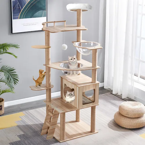 Árbol de gato de 67 pulgadas para gatos de interior y adultos, torre de árbol para gatos con condominio, escaleras para gatos, 2 cuencos, 14 postes