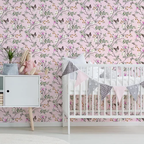 Miniatura 3 de VEELIKE Papel tapiz de estilo chinoiserie rosa con diseño de mariposas para dormitorio, habitación de niñas, 17.7 x 118 pulgadas, papel de contacto