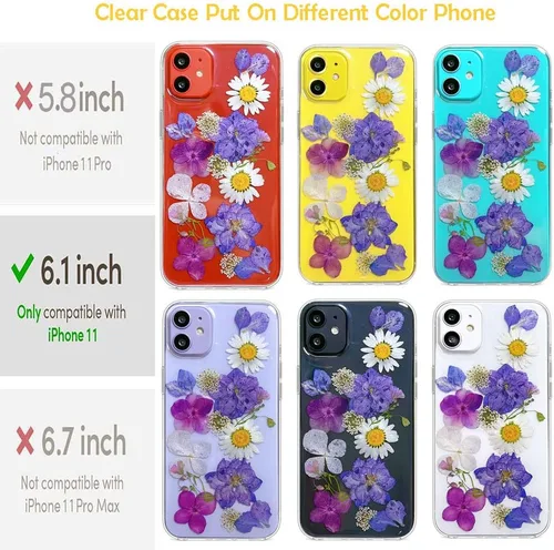 Miniatura 2 de Abbery Funda transparente para iPhone 11 con diseño de flores moradas, bonita funda protectora de silicona suave TPU real seca prensada floral