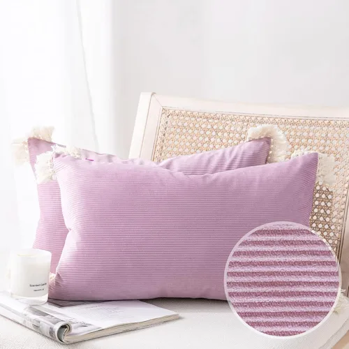 Miniatura 18 de Phantoscope Paquete de 2 fundas de almohada de pana suave para Halloween y otoño, decorativas de terciopelo a rayas con borlas de algodón, fundas