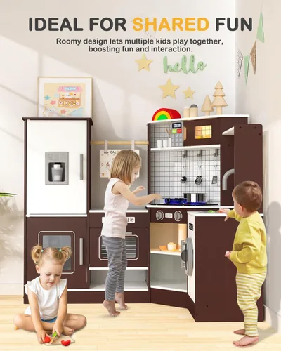 Miniatura 2 de Babytronic Juego de Cocina de Juguete de Madera de Esquina para Niños con Luces y Sonidos, Set de Cocina de Juguete con Estufa, Microondas, Máquina