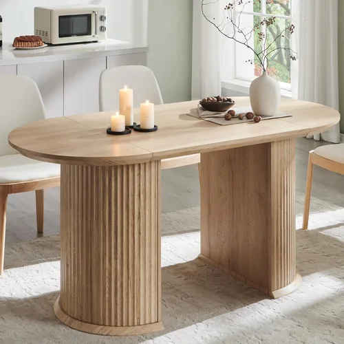 Miniatura 13 de T4TREAM Mesa de comedor ovalada acanalada de 63 pulgadas para 4-6, mesa de cocina moderna de mediados de siglo con borde grueso y base