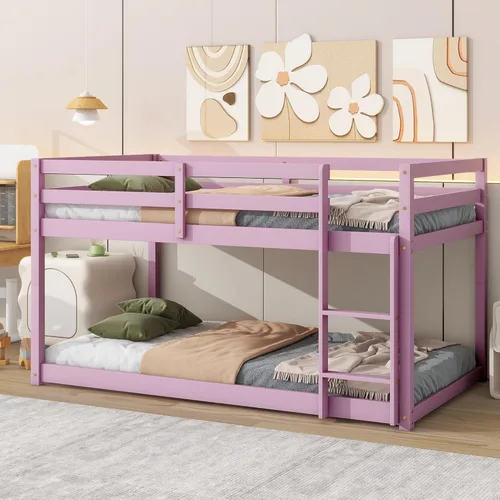 Miniatura 23 de Litera de tamaño individual sobre individual, litera de piso con escalera, barandillas de seguridad, literas de madera para camas individuales