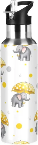 Cute Elephants Yellow Umbrellas Stainless Steel Vacuum Insulated Water Bottle 32 Oz Leakproof Water Bottles, BPA-Free Sport Water Bottle