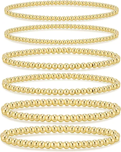 Miniatura 15 de adoyi - Pulseras de oro para mujer, impermeables, con cuentas de bolas chapadas en oro de 14K, pulseras ajustables apilables para regalos