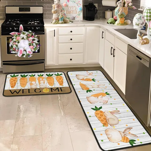 Miniatura 9 de Juego de 2 alfombras y tapetes de cocina de conejo de zanahoria y conejo, decoración de Pascua antideslizante, decoración de Pascua para el hogar