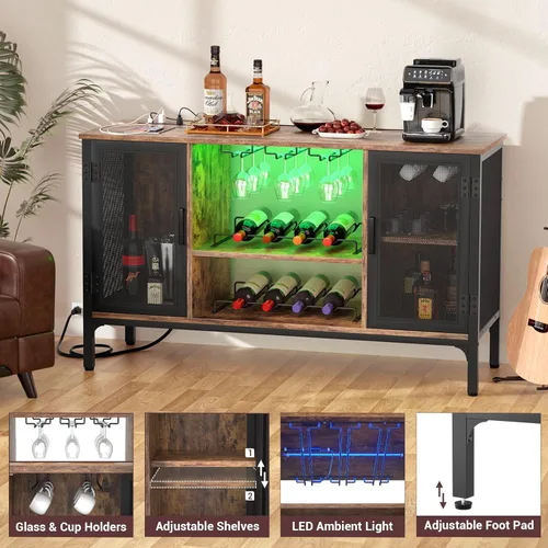 Miniatura 4 de Homieasy Armario de bar de vinos con tomas de corriente y luces LED, gabinete de barra de café industrial con estante para vino para bar en casa