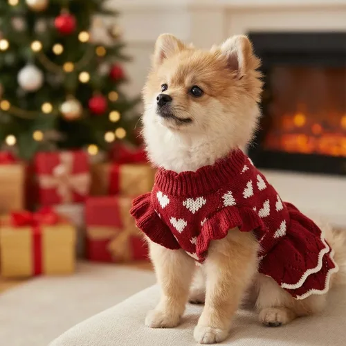 Miniatura 3 de Suéteres para Perros Pequeños para Niñas Rojos de Invierno, Ropa Cálida para Perros, Vestido de Navidad para Perros, Traje de Día, Ropa