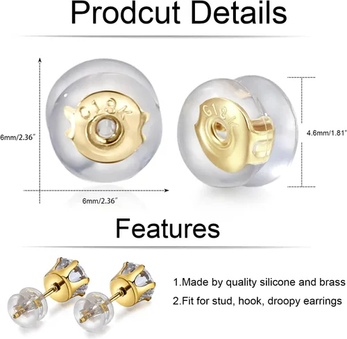 Miniatura 5 de Pendiente trasero para orejas caídas, pendientes de silicona de oro de 18 quilates para aretes pesados, soporte de goma plana para aretes de soporte