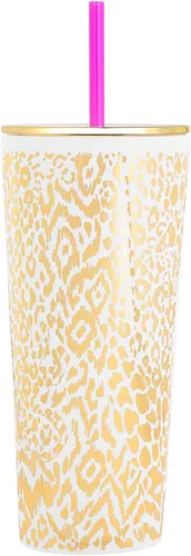 Miniatura 4 de Lilly Pulitzer Vaso de doble pared con tapa y popote reutilizable, vaso de plástico azul, vaso de viaje aislado con capacidad para 24 onzas, Shells