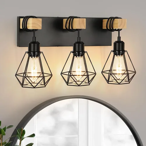 Miniatura 9 de Apliques de pared enchufables juego de dos, iluminación de pared estilo granja, lámpara de tocador negra para baño con pantalla de jaula metálica