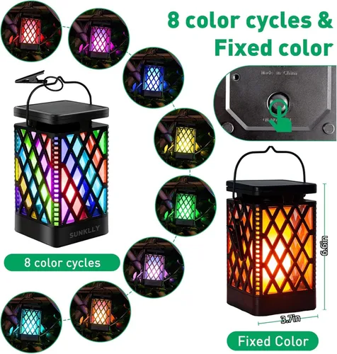 Miniatura 3 de Faroles solares colgantes que cambian de color y fijas, 9 modos, impermeables, luces colgantes para exteriores, llama parpadeante, linternas
