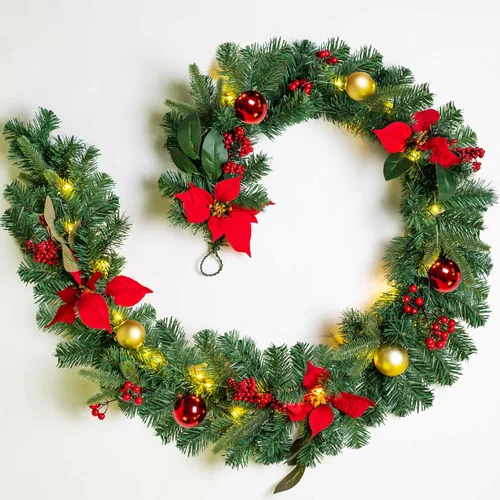 YULETIME Guirnalda de Navidad iluminada de 6 pies, funciona con pilas con 20 luces de hadas, guirnalda artificial, bolas rojas, bayas, flor de Rojo