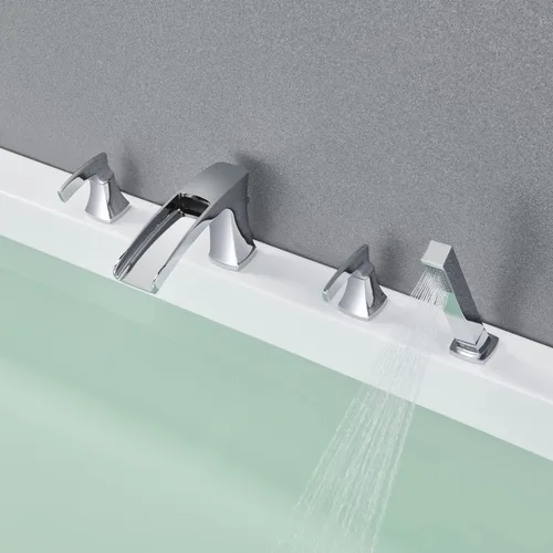 Miniatura 6 de Llenador de bañera romana cascada grifo de bañera cromado, grifos de baño de latón de 4 agujeros con ducha de mano