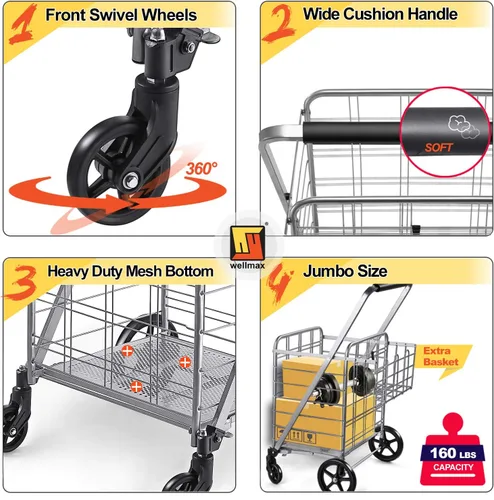 Miniatura 5 de Wellmax Carrito de comestibles plegable con ruedas, carrito utilitario de metal resistente con parte inferior de malla, cesta trasera adicional