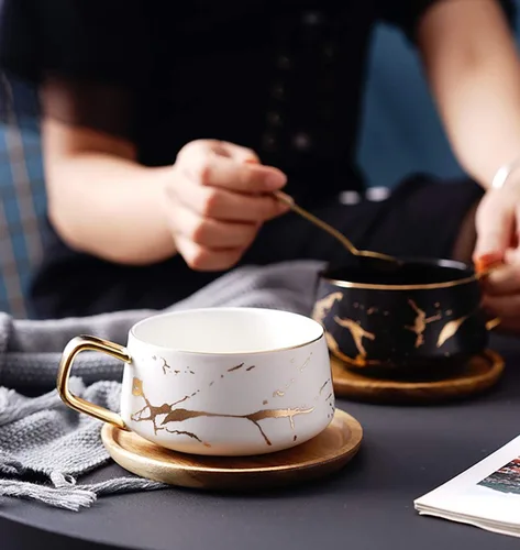 Miniatura 2 de Jusalpha Juego de taza de té y platillo de bambú de 300 ml con impresión de mano dorada de lujo, patrón de mármol de moda para mujeres TCS19 (blanco)