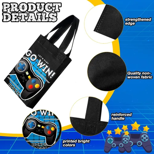 Miniatura 3 de Ferraycle Paquete de 24 bolsas de regalo con temática de videojuegos, recuerdos de fiesta de videojuegos, no tejidas, reutilizables, con asas