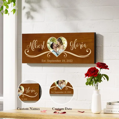 Miniatura 5 de Bemaystar Regalos de boda personalizados, letreros de madera con nombre, foto, fecha, para recuerdos únicos de aniversario, recuerdos de amor