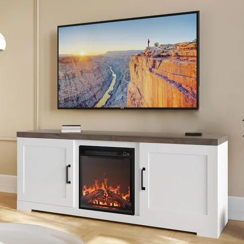 BELLEZE Moderno soporte de TV de 58" estilo granja con calefactor eléctrico de chimenea de 18" y centro de entretenimiento multimedia para TV de