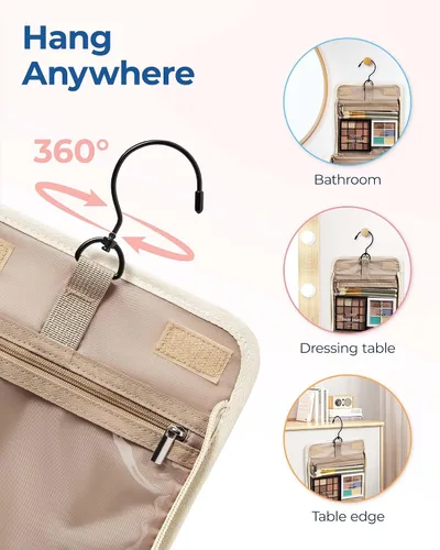 Miniatura 6 de BAGSMART Neceser de viaje para maquillaje con gancho para colgar, bolsa de cosméticos, organizador de gran capacidad, resistente al agua, para Beige