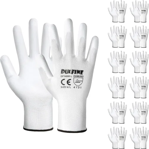 Miniatura 19 de DULFINE Guantes de trabajo de seguridad con revestimiento de poliuretano para hombres y mujeres - 12 pares, guante de punto sin costuras negro