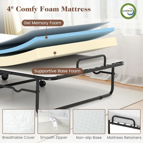 Miniatura 4 de DORTALA Cama plegable de metal plegable, cuna de colchón de espuma viscoelástica con marco de metal súper resistente y resistente, cama de invitados