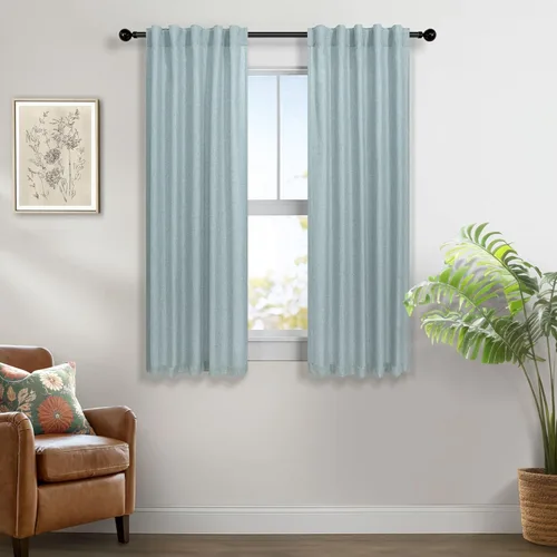 Miniatura 57 de Cortinas de lino azul de 84 pulgadas de largo para sala de estar; juego de 2 paneles con lengüeta trasera; cortinas con dobladillo para barra; Azul