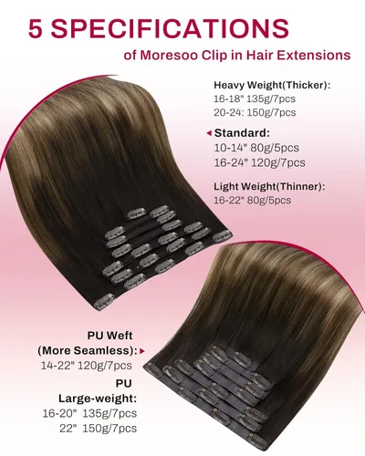 Miniatura 9 de Moresoo Extensiones de cabello humano con clip, balayage, color marrón oscuro a marrón dorado con clip, extensiones de cabello humano con clip, 5