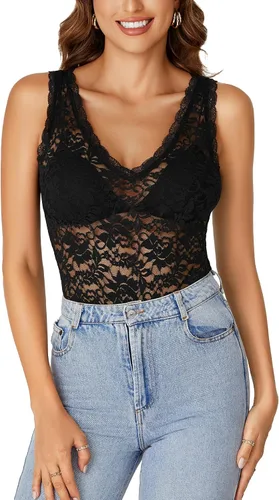 Miniatura 2 de Rooscier - Blusa sin mangas para mujer, con encaje floral, cuello en V, con volantes, transparente, sin sujetador