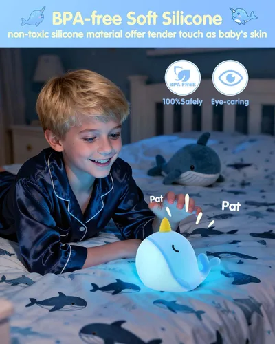 Miniatura 9 de Fuloon Narwhal - Luz nocturna con forma de ballena, lámpara de silicona blanda para niños, control táctil seguro y relajante para niños y bebés