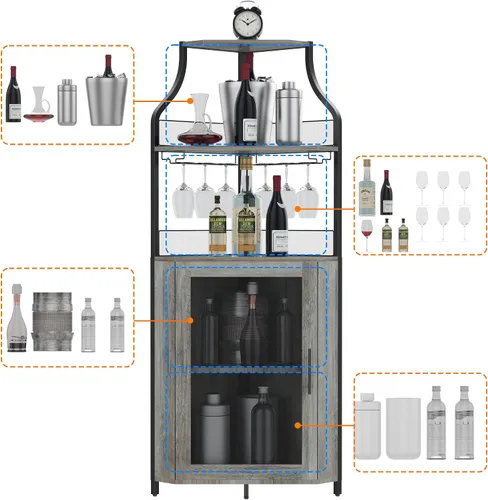 Miniatura 5 de GAOMON Armario esquinero para bar de vinos con estante desmontable para vinos, armario de bar con soporte para vidrio, aparador pequeño y gabinete