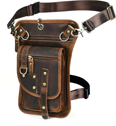 Riñonera de viaje de lona + cuero para motocicleta, bolsa de cintura para muslo, bolsa para hombres y mujeres FB2141