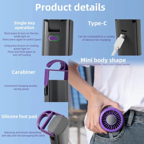 Miniatura 7 de Ventilador turbo portátil de mano, mini ventilador plegable, ventiladores pequeños, colgar el cuello, batería recargable, 5 ajustes de velocidad