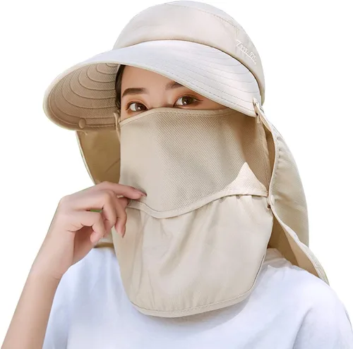 Máscara facial de ala ancha para mujer, sombrero de sol desmontable para el cuello, solapa facial, cola de caballo, protección UV, visera sombrero