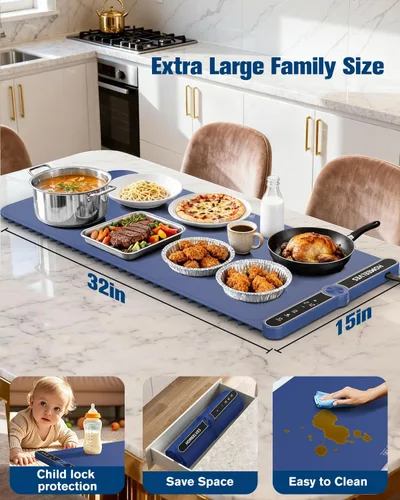 Miniatura 5 de Esterilla de Calentamiento de Alimentos Extra Grande, Bandeja Calentadora Eléctrica de Calentamiento Rápido con 9 Ajustes de Temperatura y Azul