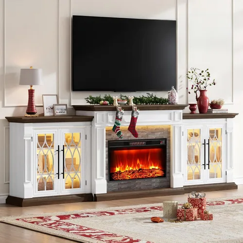 Miniatura 10 de Soporte de TV con chimenea de 72 pulgadas con toma de corriente y LED, chimenea eléctrica con repisa, centro de entretenimiento con almacenamiento