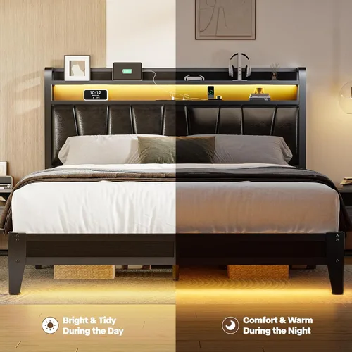 Miniatura 6 de Base de cama de tamaño matrimonial con estantes de almacenamiento de 2 niveles, marco de cama LED con cabecera de piel sintética, cama de plataforma
