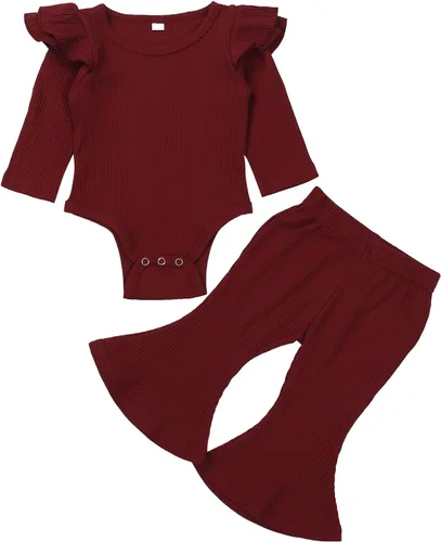 Ropa para bebé y niña, acanalado, con volantes, manga larga, mameluco, pantalones acampanados, color sólido, otoño, invierno, trajes de 2 piezas